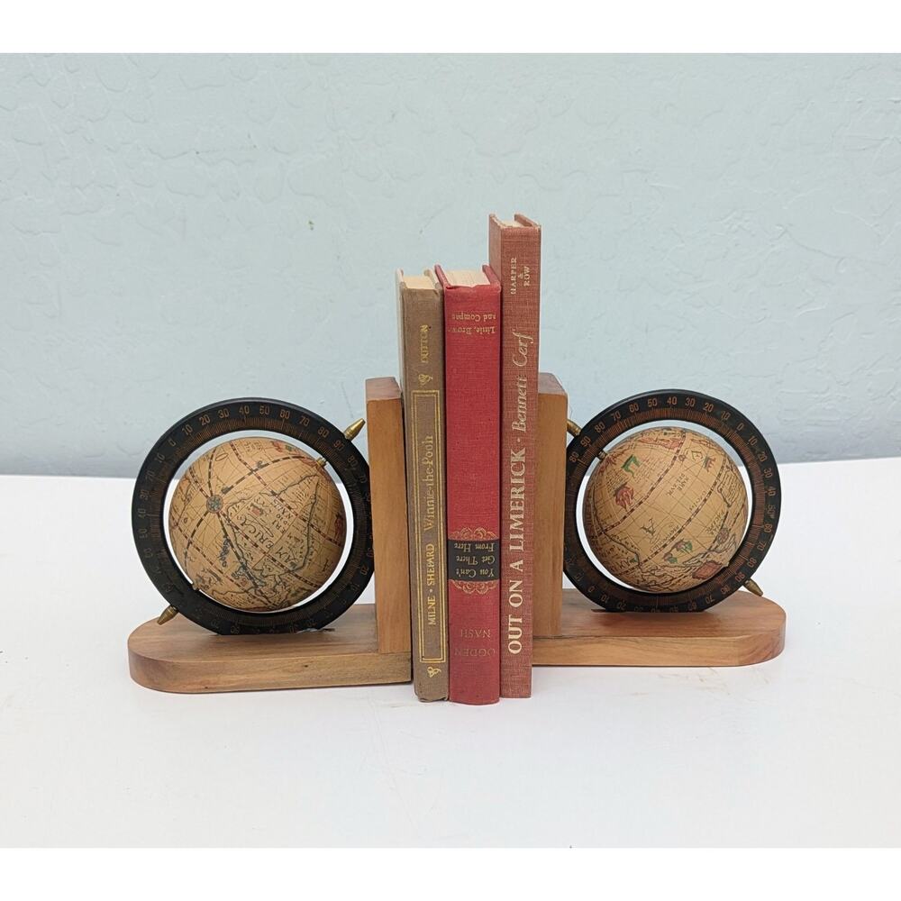 Wood Spinning Globe Book Ends Vintage Pair Brass Accents Traditional Decor